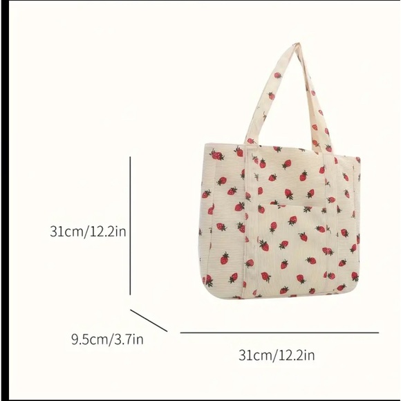 Cute Strawberry Pattern Tote Bag, Large Capacity Corduroy Shoulder Bag - Picture 3 of 6